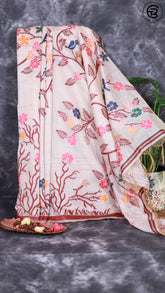 Off-White and Maroon Multicolor Bird Pattern Jamdani Tussar Saree